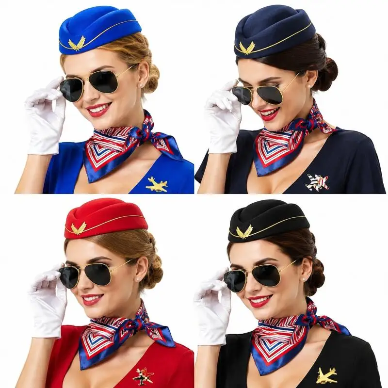 Pilot Stewardess Costume Accessory Set For Adults Flight Attendant Hat Scarf Gloves Sunglasses Plane Brooch Kit Halloween Outfit