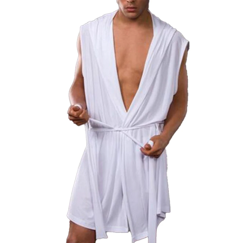 

Men Robes Breathable Bathrobes Nightgown Icy Silky Hooded Sleeveless Pajamas Fashion Homewear Sexy Sleepwear Casual Clothes