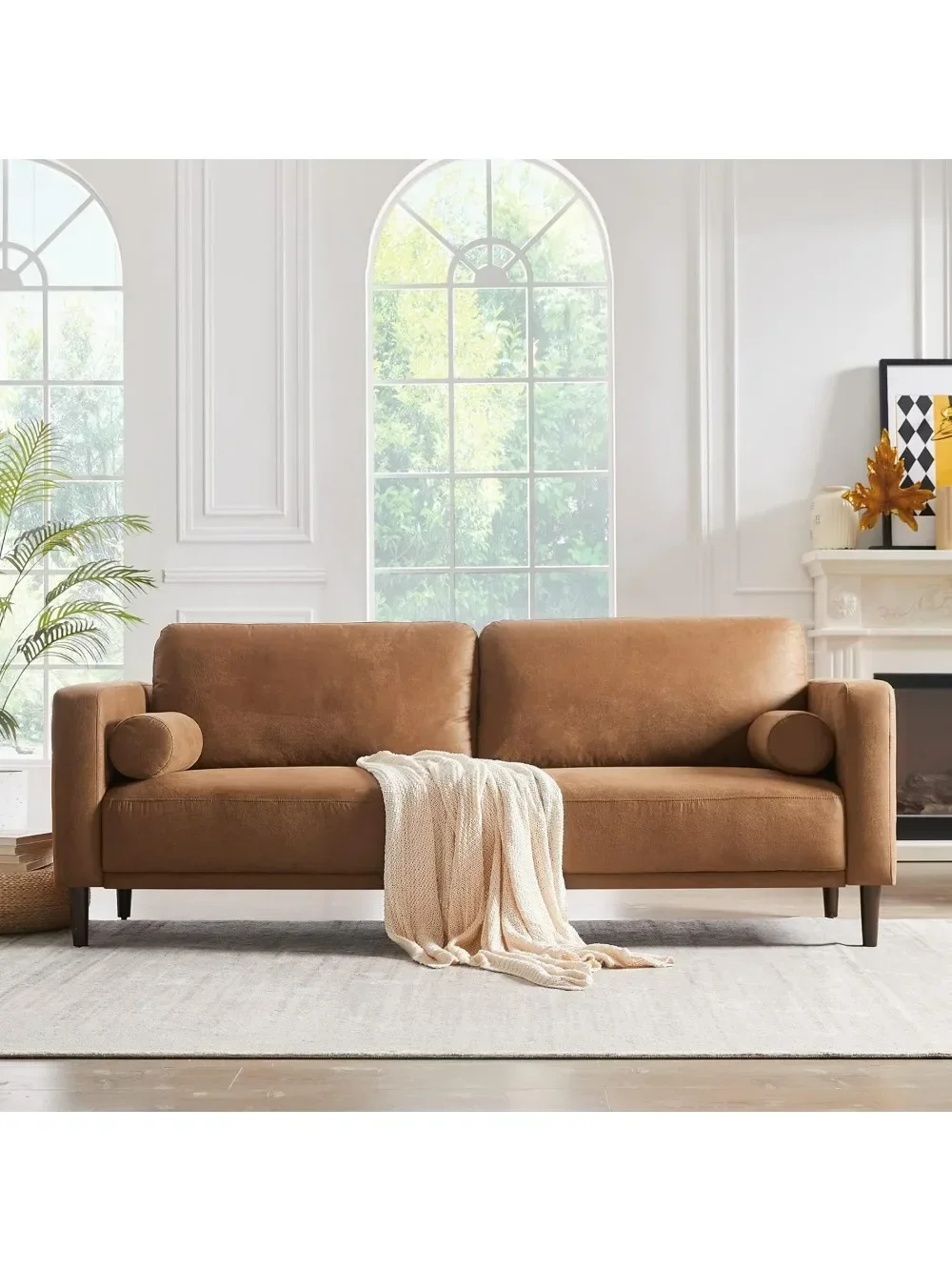 

Mid-Century Modern Couch, Breathable Faux Leather Couch with Upholstered Cushions/Pillows, 3-Seat Sofas & Couches