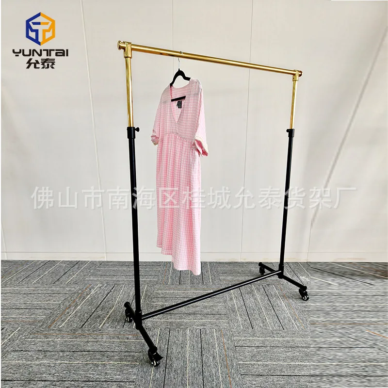 High-end customized clothing store display rack, simple stainless steel hanger, floor-to-ceiling movable rack with wheels