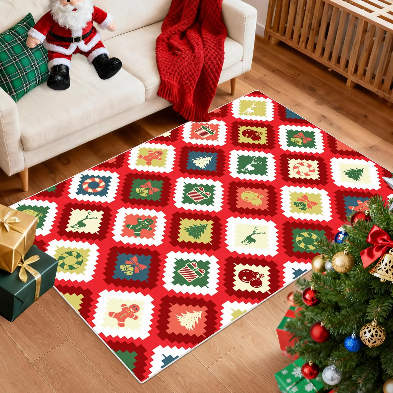Washable Christmas Area Rug, Xmas Non-Slip Vintage Hallway Rug with Upgrade Rubber Backing (60