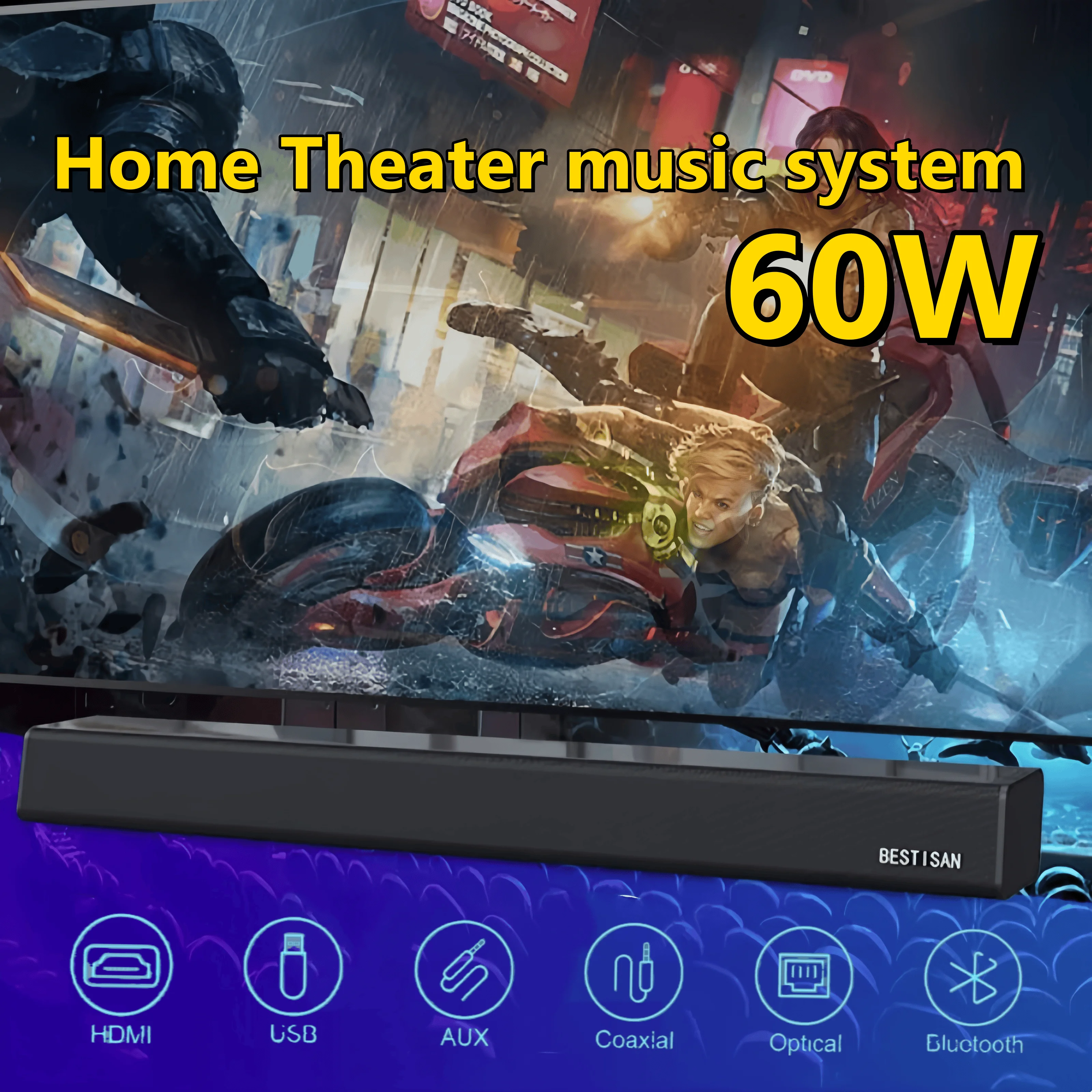 

HIFI Мощный 60 Вт ТВ Эхо Настенный динамик Настольный аудио Поддержка USB-накопителя AUX HDM Коаксиальная оптическая стерео Bluetooth Саундбар для телевизора