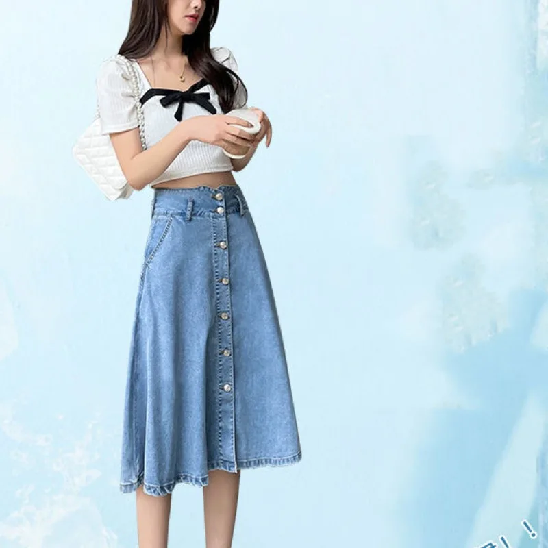 

Fashionable Summer Thin Women's Solid Color Zipper Pockets Single-breasted Korean Casual High Waist Slim Cowboy A-line Skirts
