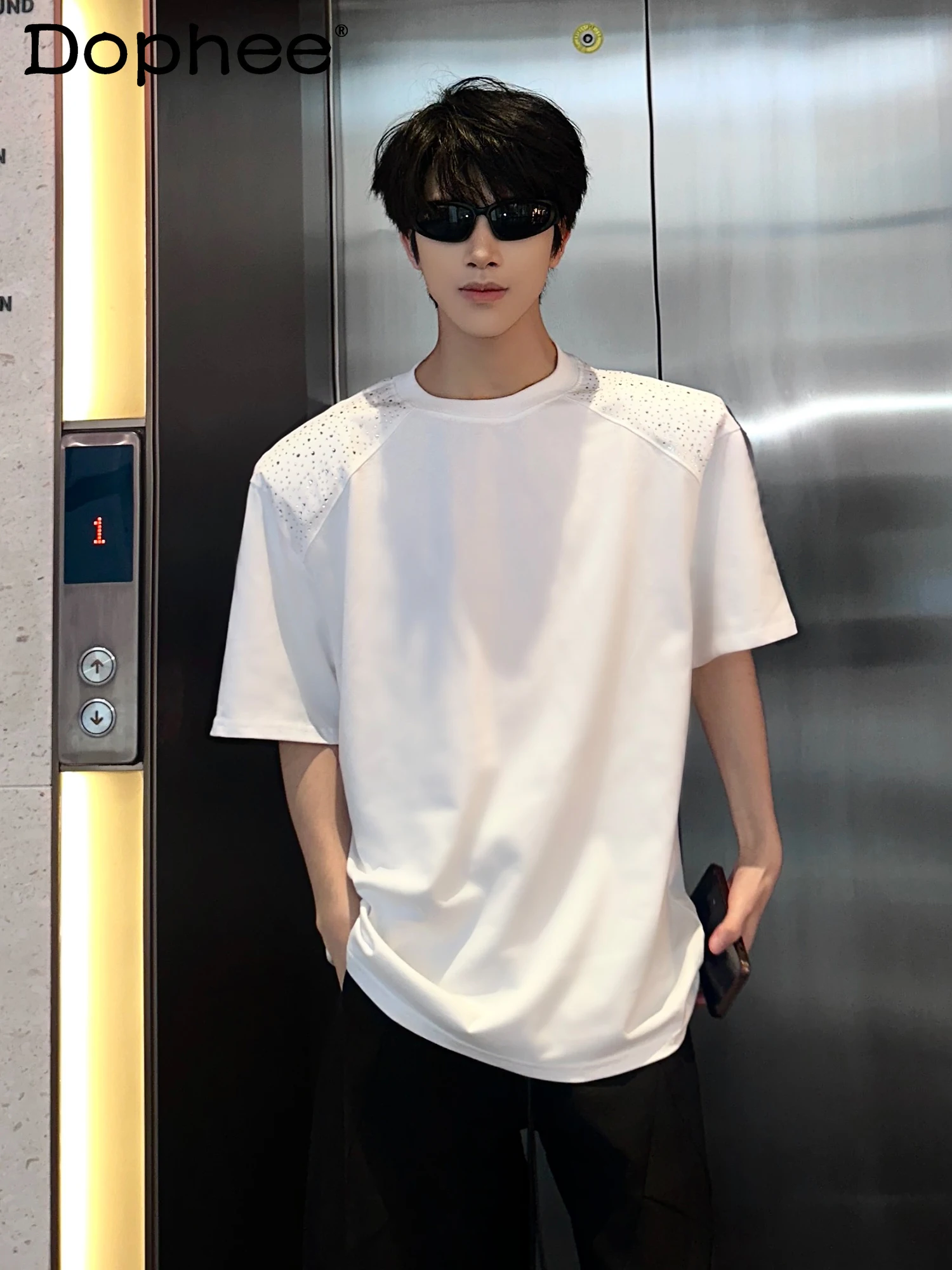 

Summer New Heavy Industry Hot Diamond White Short-sleeved T-shirt Fashionable Trendy Men's Loose Casual Crew Neck Shirt Top