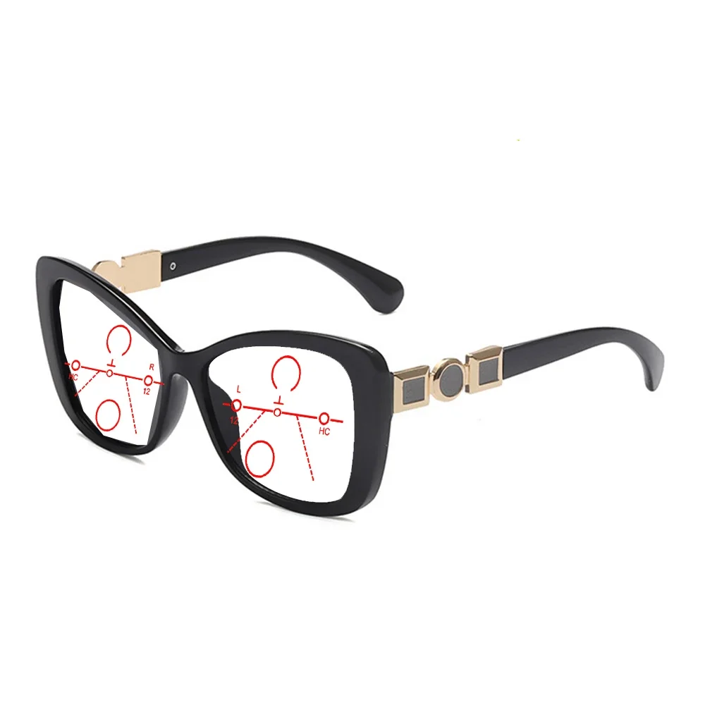 

Black Cat-eye Square-framed Metal Decorative Temples Oversized Comfortable Progressive Multifocal Reading Glasses +0.75 To +4