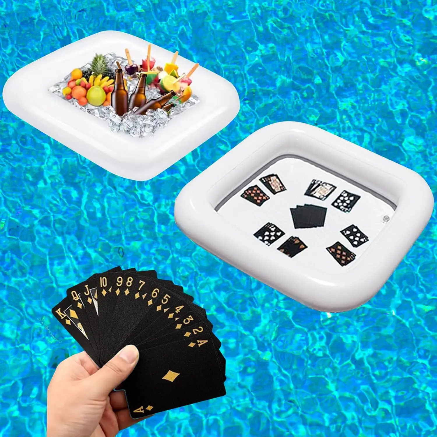 

2-Piece Floating Pool Game Set with Waterproof Cards & Inflatable Drink Cooler Tray for Outdoor Summer Fun