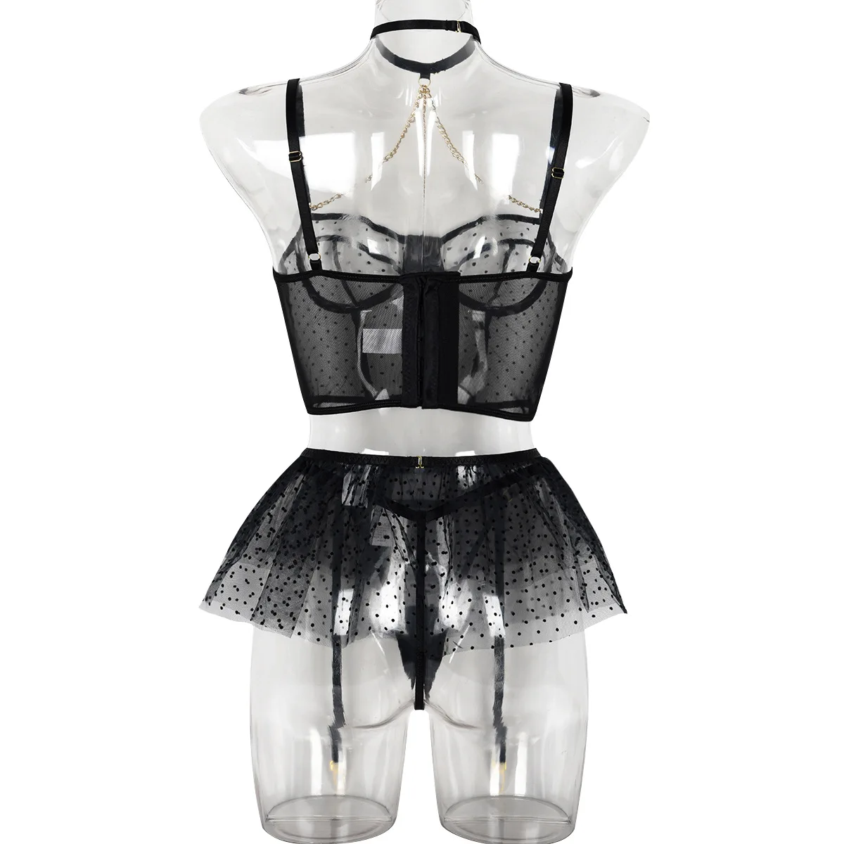 Polka Dot Sexy Underwear Three-piece Set Close-fitting Sexy Chain With Steel Ring Perspective Women's Underwear