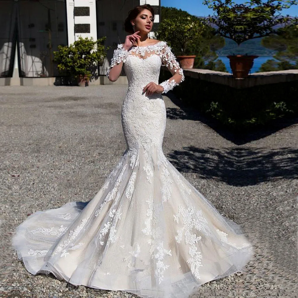 

Свадебные платья с длинным рукавом и юбкой-годе, кружевное свадебное платье с круглым вырезом и аппликацией, женская одежда для брака
