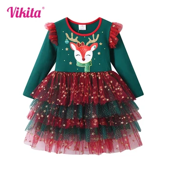 Vikita meninas natal ano novo festival vestido crianças rena impressão tutu vestidos meninas verde vermelho outono inverno vestidos de princesa