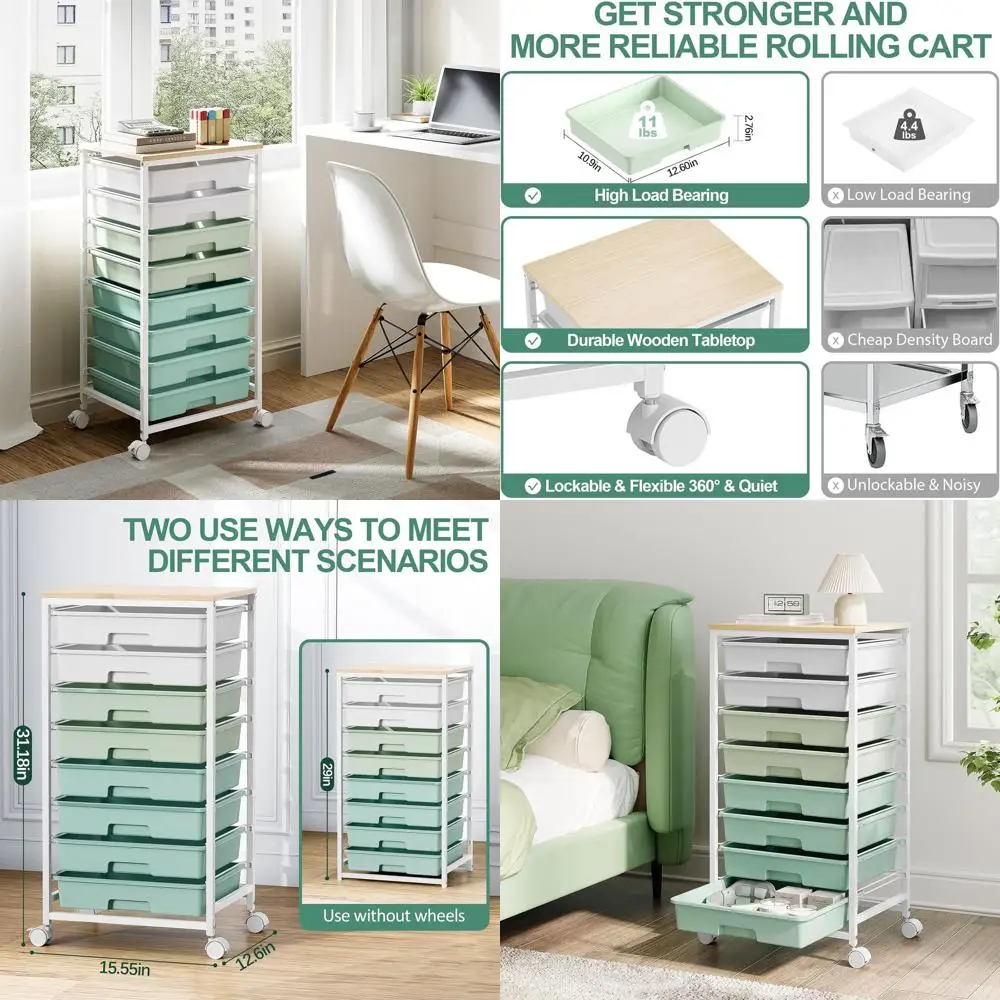 8-Drawer Storage Cart with White Drawers & Wooden Top for Classroom and Office Organization in Green