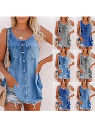 Summer New Tank Tops Fashion Loose O Neck T-shirts Imitation Cowboy Vest Women Casual Sleeveless Tops Blouse Street Wear