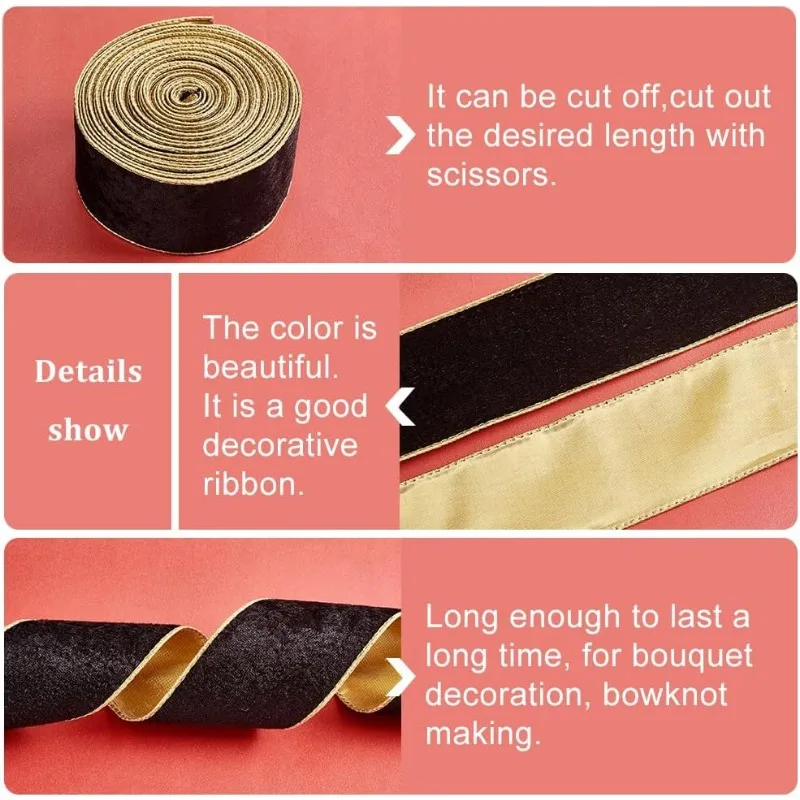 10 Yards Velvet Wired Ribbon 2.5 Inch Black Gold Soft Velvet Ribbon Wired for Gift Wrapping DIY Crafts Bouquet Decorations