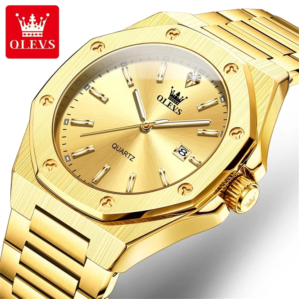 OLEVS Men's Watches Classic Fashion Quartz Watch for Man Waterproof Luminous Gold Stainless Steel Date Watch reloj hombre