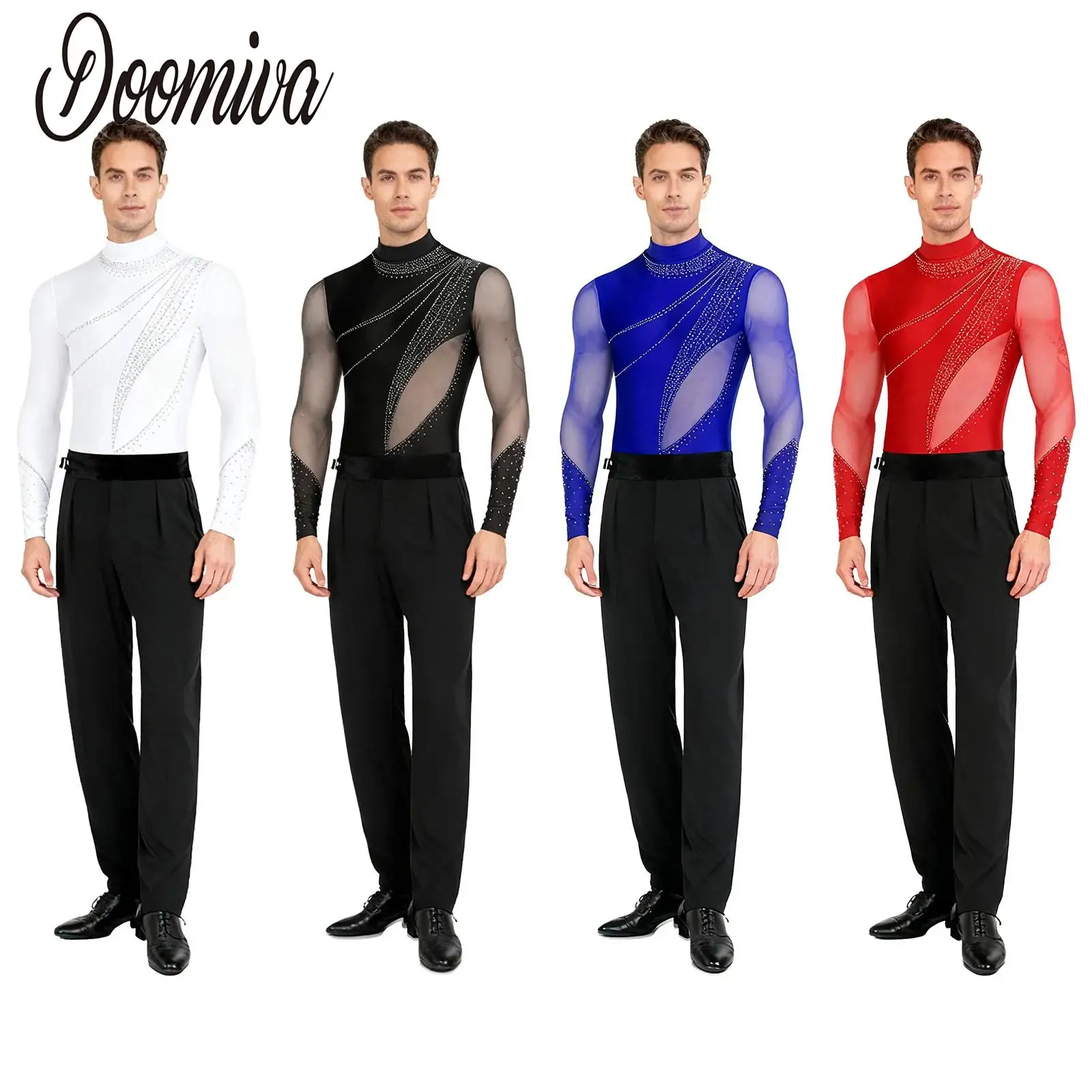 Men Latin Ballet Rumba Tango Cha-cha Dance Costume Outfits Rhinestones Long Sleeve Mesh Leotard Pants Dance Performance Clothes
