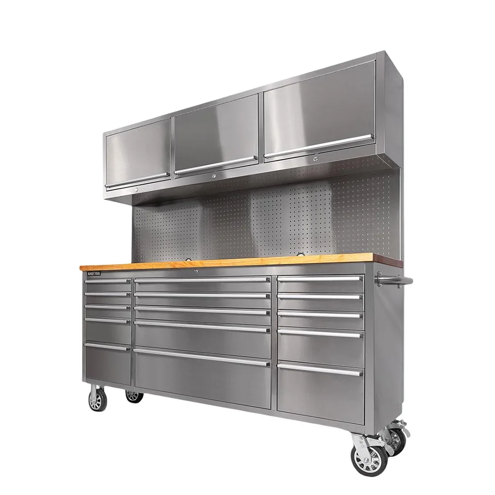 72-Inch 15-drawer fingerprint-proof stainless steel trolley with three top cases