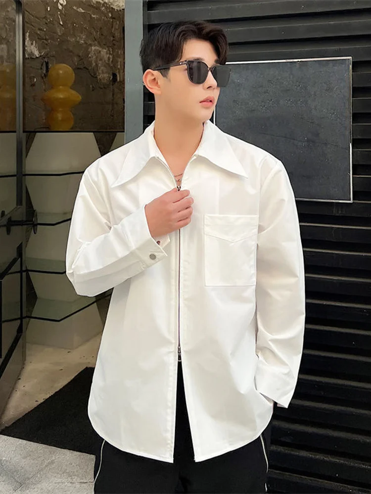 Casual Men's Shirt Korean Style 2022 Spring Summer New Double-headed Zip Decoration Loose Solid Color Lapel Top 2A1222