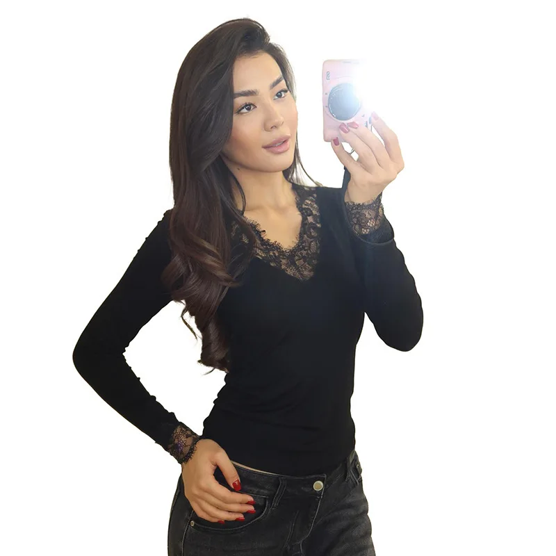 Women's V-neck Lace Trim Waist-cinching Top Autumn New Style Long Sleeve Straight Arm Chinese Style Clothing Fashionable Blouse