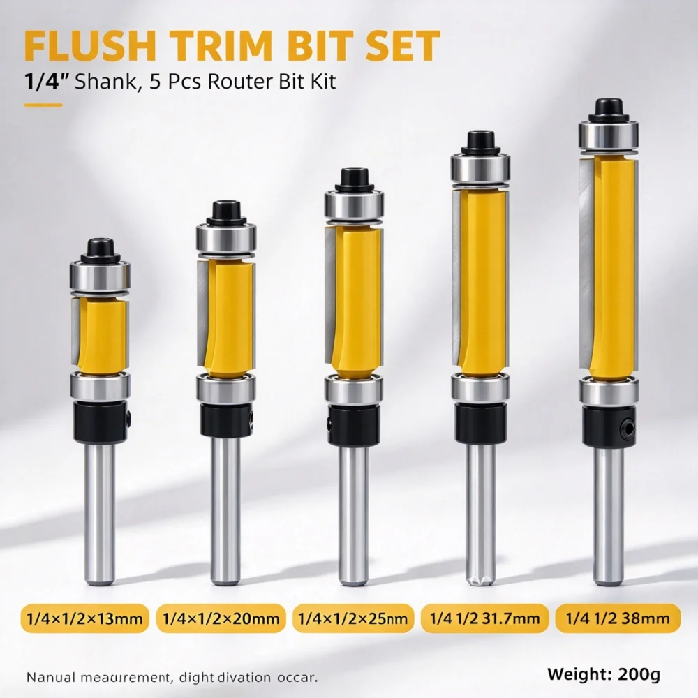 5Pc 13 20 25 31.7 38mm Wood Milling Cutter Template Trim Router Bit 1/4" Shank Top Bottom Ball Bearing Woodworking Trimming Tool