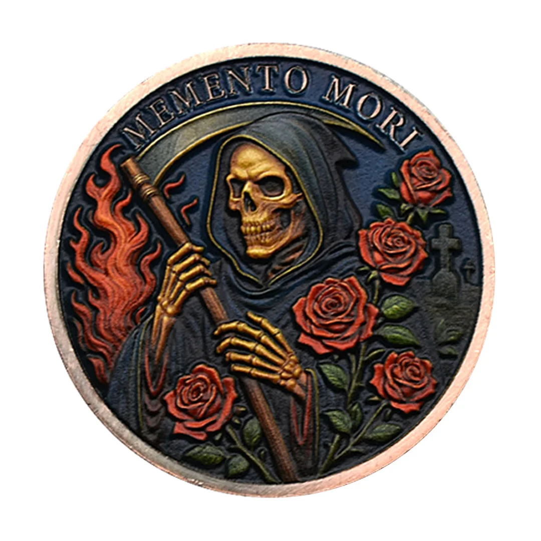 Memento Mori Totenkopf-Rosen-Gedenkmünze, vergoldet, mit Krähenkreuz, Sammlermünze, Heimdekoration