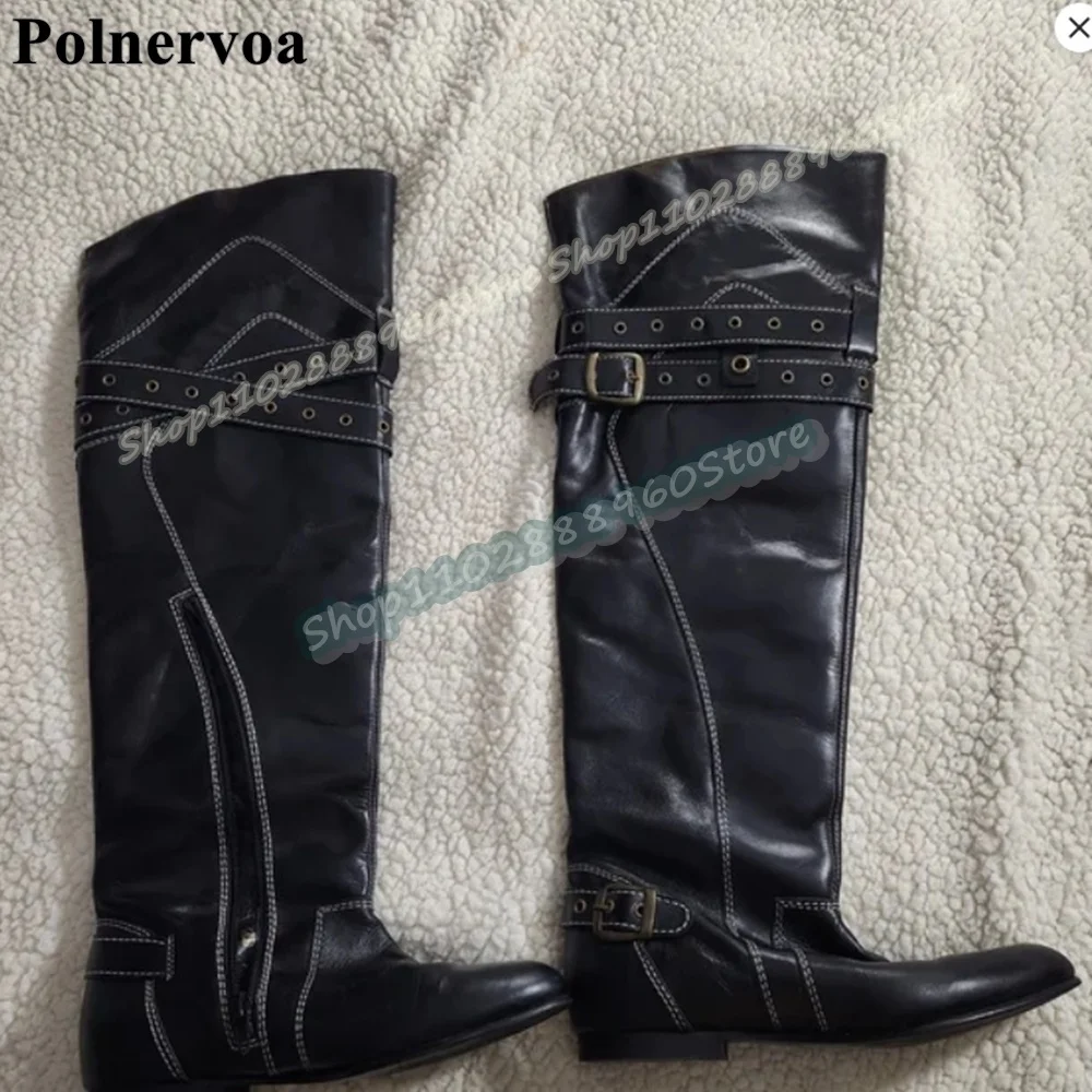 

Knee High Black Leather Buckle Strappy Handmade Boots Flats Shoes For Women Side Zipper Round Toe Occidental Style Casual Boots