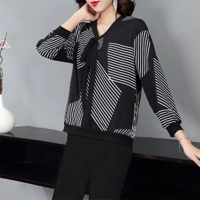 Vintage Printed V-Neck Drawstring Striped Bow Blouse Women\'s Clothing 2022 Autumn Casual Tops Oversized Loose Office Lady Shirt