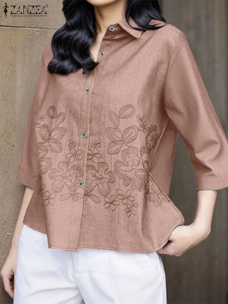 

ZANZEA Women Shirts 3/4 Sleeve Tops 2025 Vintage Embroidery Blusas Casual Lapel Neck Tunic Oversize Solid A-Line Loose Pullovers