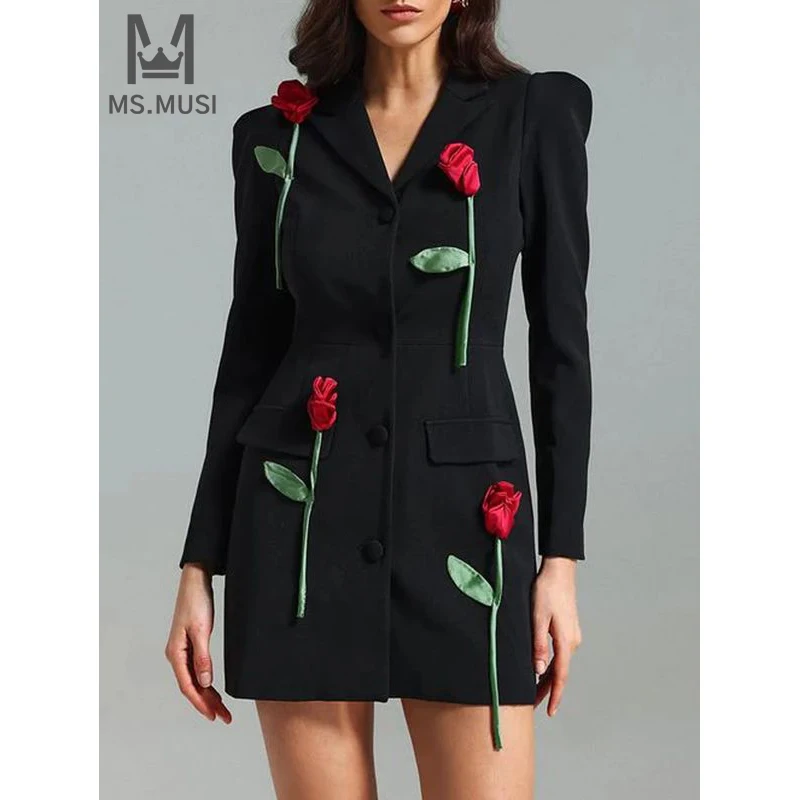 

MSMUSI 2024 New Fashion Women Sexy Lapel Rose Floral Button Long Sleeve Bodycon Party Club Event Slim Blazer Mini Dress Vestidos