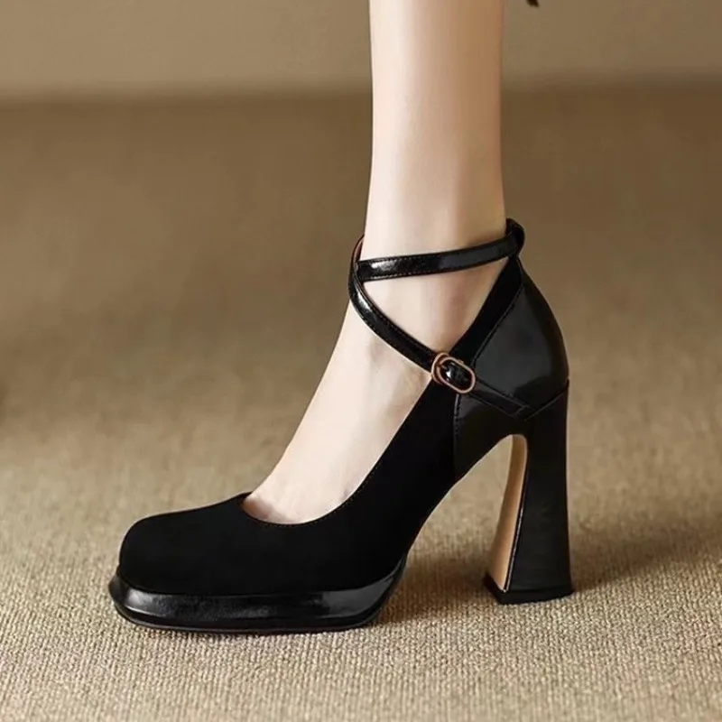 Spring women pumps natural leather cowhide+kids suede+pigskin full leather square toe Ankle buckle women shoes Fashion