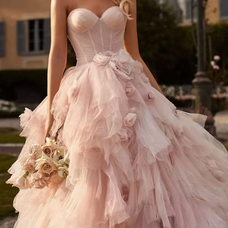 Gorgeous Pink Evening Dresses Exquisite Organza Sleeveles Chapel Train Strapless Princess Gowns Formal Occasion Long Dress