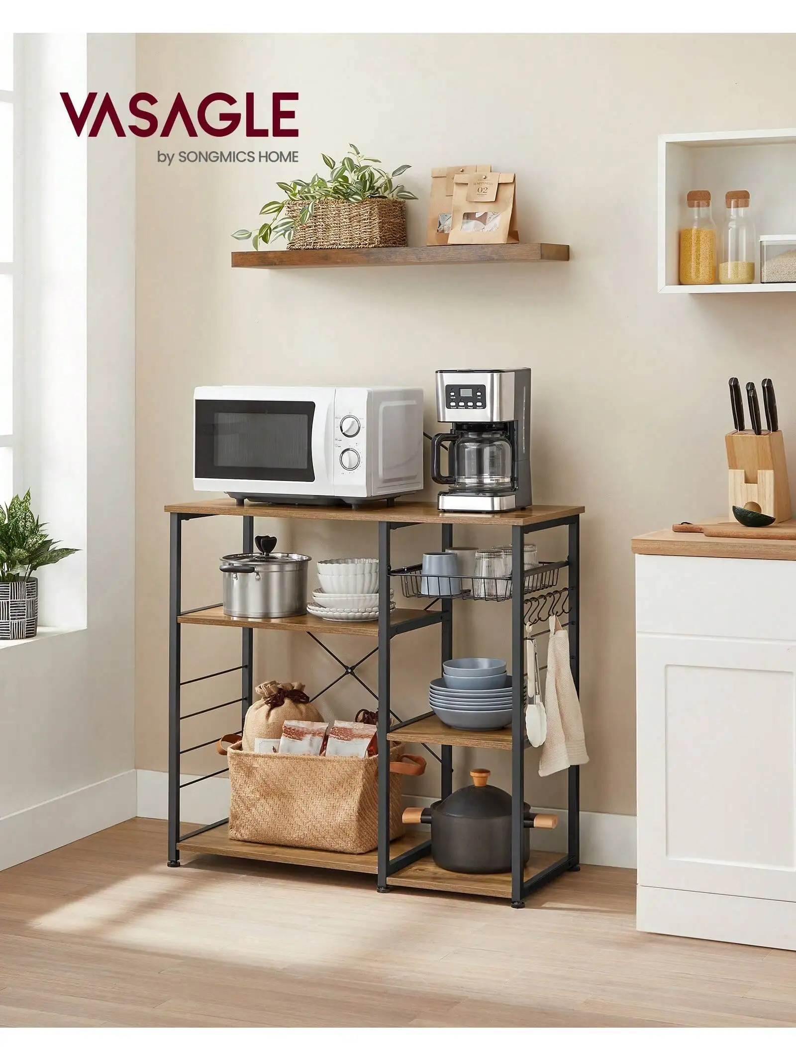 Vasagle Alinru Keuken Bakker Rek, Koffiebar, Magnetron Oven Stand, Met Stalen Frame, Draadmand, 6 Haken, Voor Mini Oven