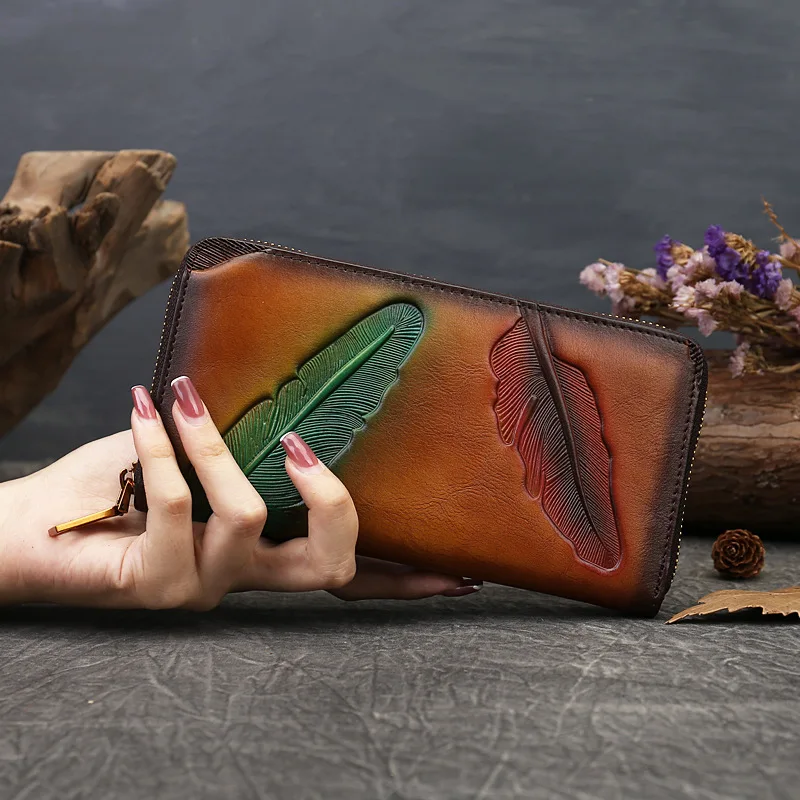 

Flowers and plants embosed long real leather wallet hand large capacity mobile phone storage wallet