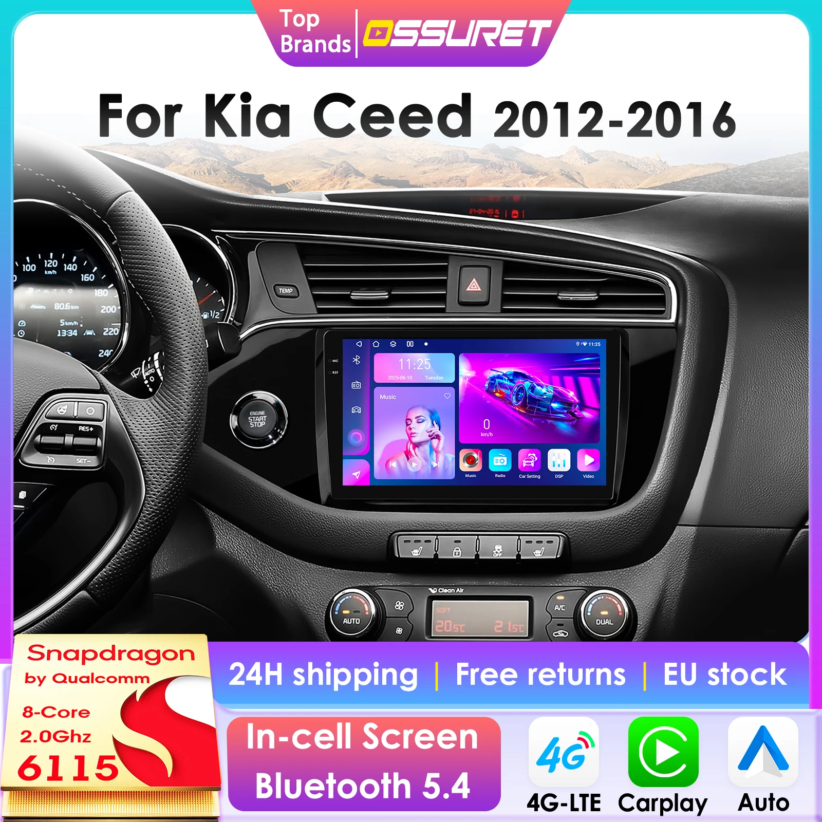 Autoradio 8G 128G CarPlay Android Auto per KIA CEED JD Cee'd 2012-2016 GPS Sistemi Intelligenti Stereo Multimedia 6115
