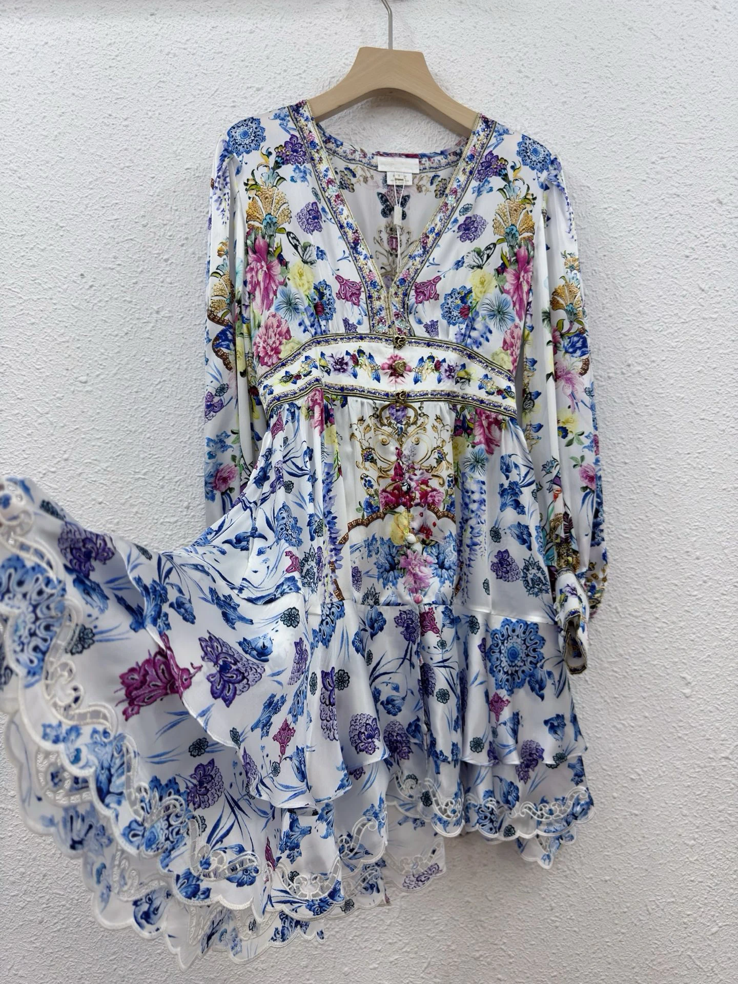 

100% Real Silk Deep V Puff Sleeve Floral Mini Dress Women Rhinestone Trim Ruffle Scalloped Hem Boho Short Party Dress Luxury