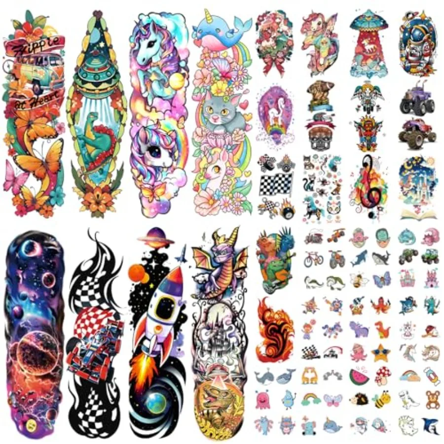 52 PCS Full Arm Temporary Tattoos - Rocket Car Dinosaur Planet Astronaut and Dolphin Castle Cat Body Tattoos Stickers for Boys