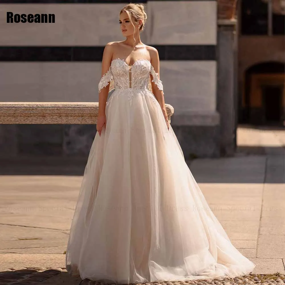 

Fashion 2024 A-line Wedding Dress Satin Off-The-Shoulder Applique Sweetheart Open Back Bride Dresses Floor Length robe de mariée