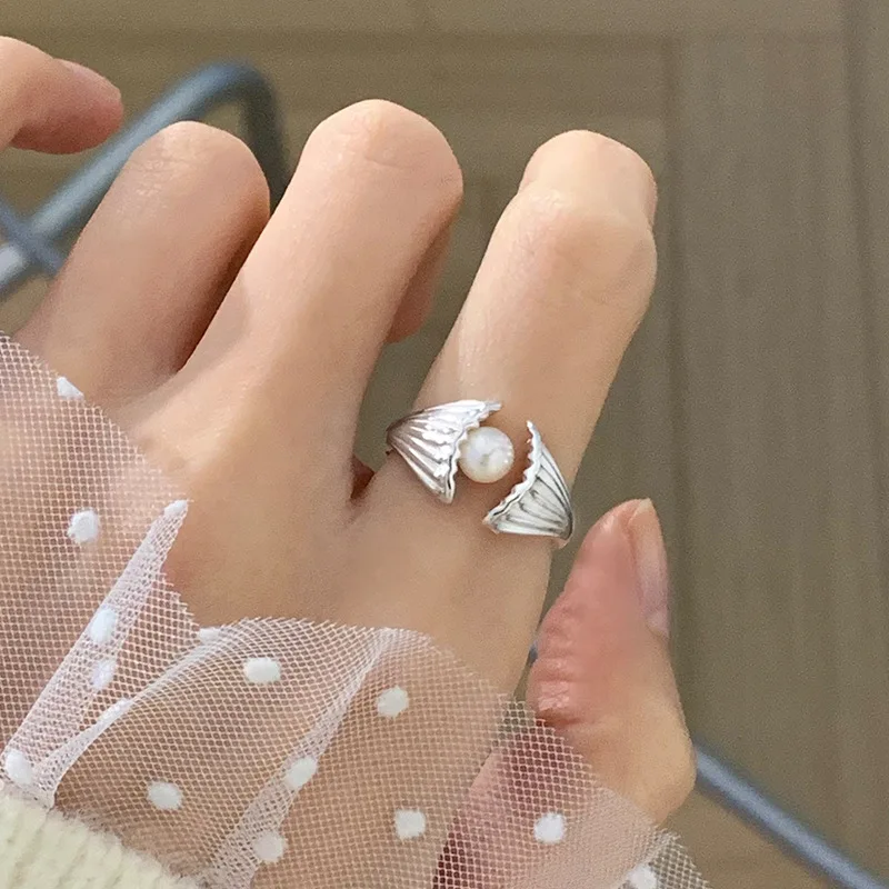 PANJBJ 925 Sterling Silber Perle Unregelmäßigen Ring für Frauen Shell Überlappende Hohl Süße Design Schmuck Geschenk Dropshipping – Detail 37
