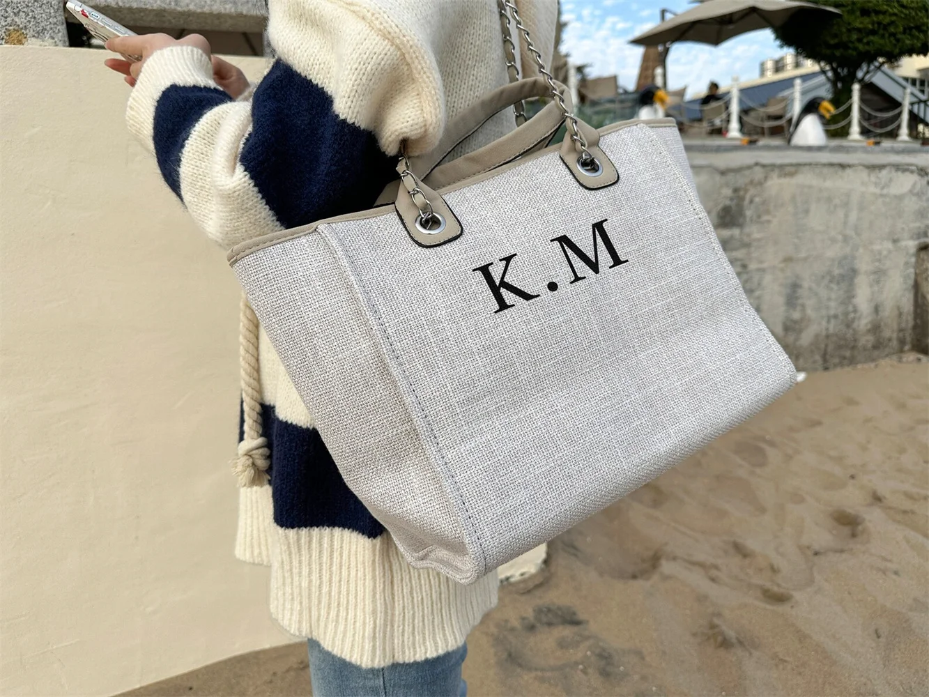 

Personalised Chain Monogram Canvas Tote Bag, Ladies Custom Handbag, Beach Bag, Bride Bridesmaids Gifts For Her, Mother's Day Bir