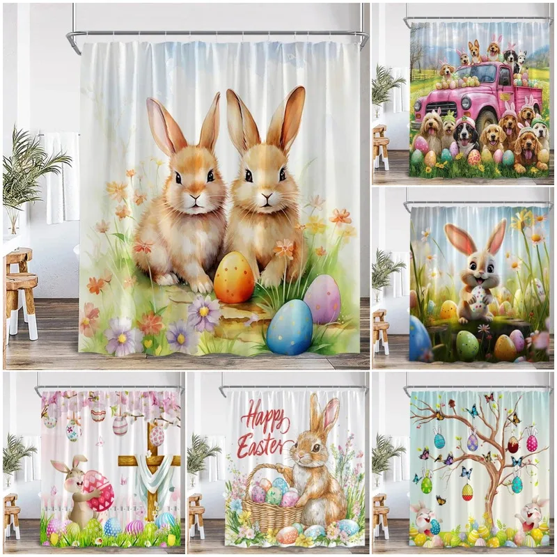 

JDJ32Funny Easter Shower Curtains Cute Bunny Pink Farm Truck Dogs Watercolour Floral Rabbit Eggs Bathroom Curtain Decor wit3Mn^