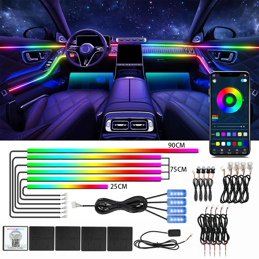 18-in-1 Auto-Ambientebeleuchtung RGB 213 Farben Vollfarbiger LED-Streamer für den Innenraum, versteckte Acrylstreifen, Symphonie-Atmosphärenlampe