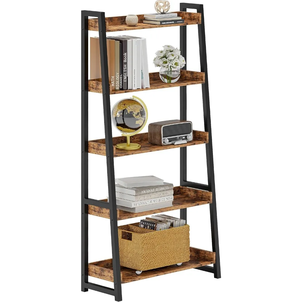 Industrial Bookshelf 5-Tier 31.5 in Wide, Bookcase Ladder Shelf, Storage Shelves Rack Shelf Unit, Accent Furniture Metal Frame