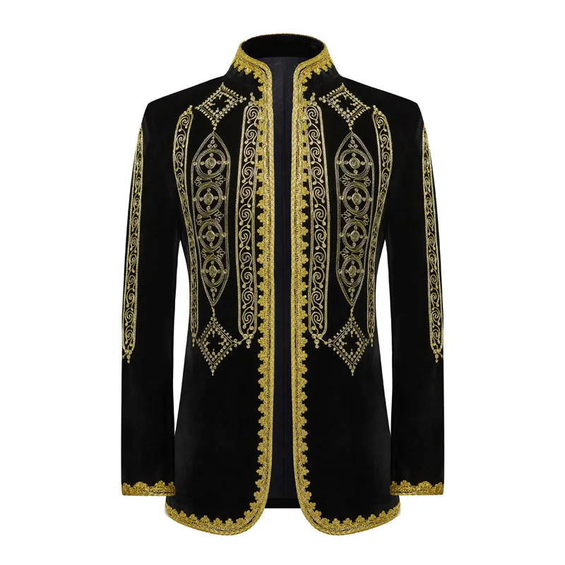 Men's Vintage Black Velvet Opera Jacket with Gold Embroidered Court Detail Stand Collar