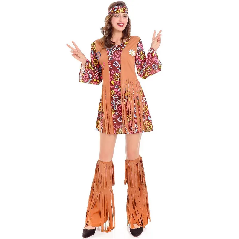 Costumi cosplay con nappe indiane Set da donna Peace Love Hippie Natale anni '60 Spettacolo teatrale Halloween Dress Up Abiti Party