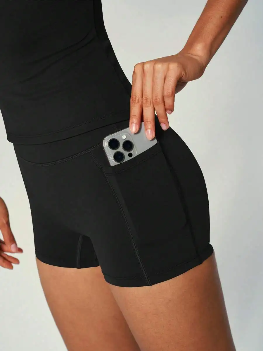 

2-Piece Sports Set: Short Sleeve Top + High Waist Shorts With Side Pockets