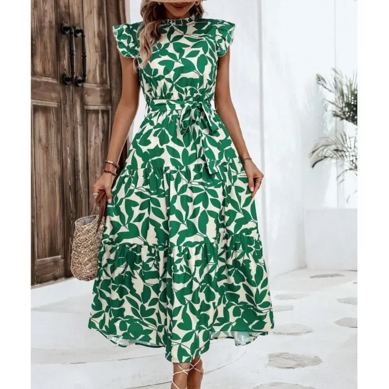 ชุดลําลองสตรีดอกไม้ 2024 ฤดูร้อนใหม่แฟชั่นแขนยาวLace Upพิมพ์ชุดนางฟ้าวันหยุดRobe Vestidos Verde