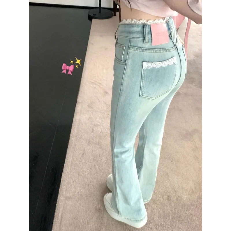 

Women Flared Jeans Light Wash Lace Pocket Detail High Waist Denim Pants