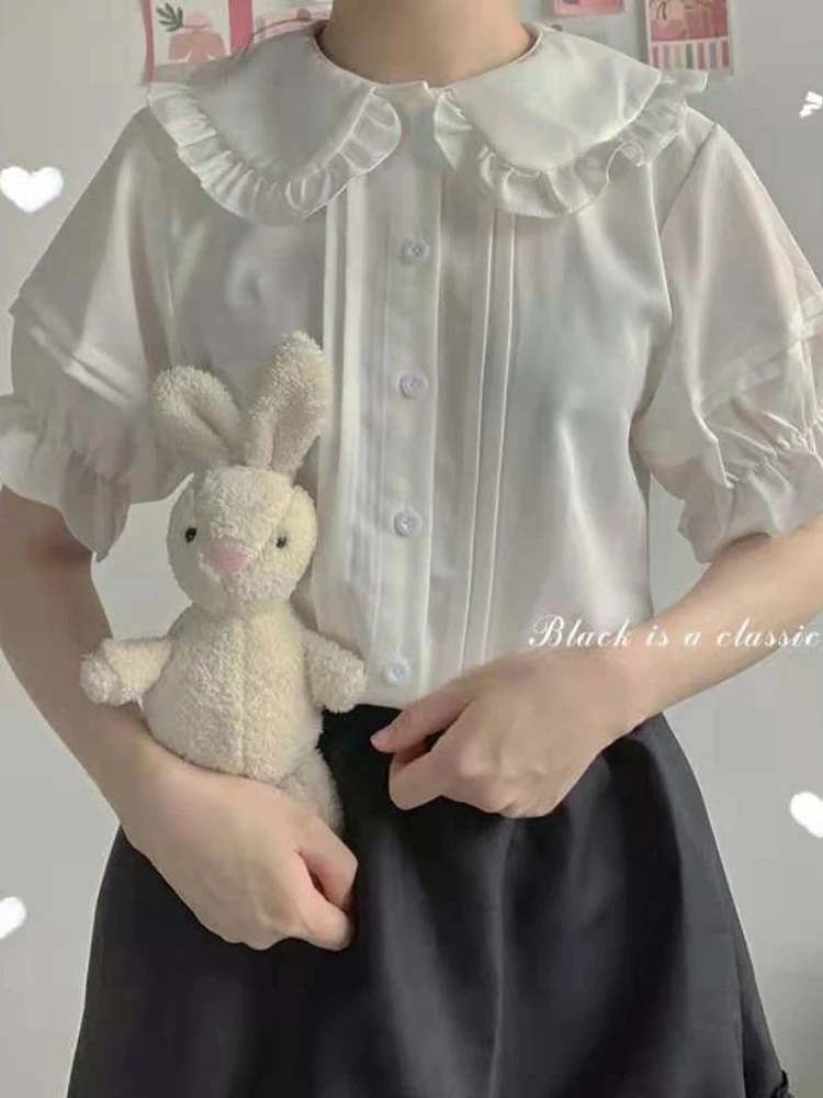 HOUZHOU White Shirt Kawaii Peter Pan Collar Preppy Style Blouses Woman Sweet Ruffle Short Sleeve Tops Summer 2022 Fashion