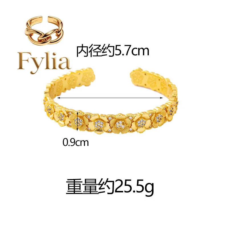 Fylia Jewelry   Luxury 24K 9999 Pure Gold real gold Women's Diamond Flower Open Bracelet