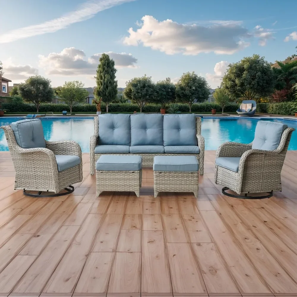 Patio Furniture Swivel Chairs Set - 5 Piece Wicker Rattan Outdoor Sectional Sets with 2 Rocking Swivel Chairs, Garden Sofa