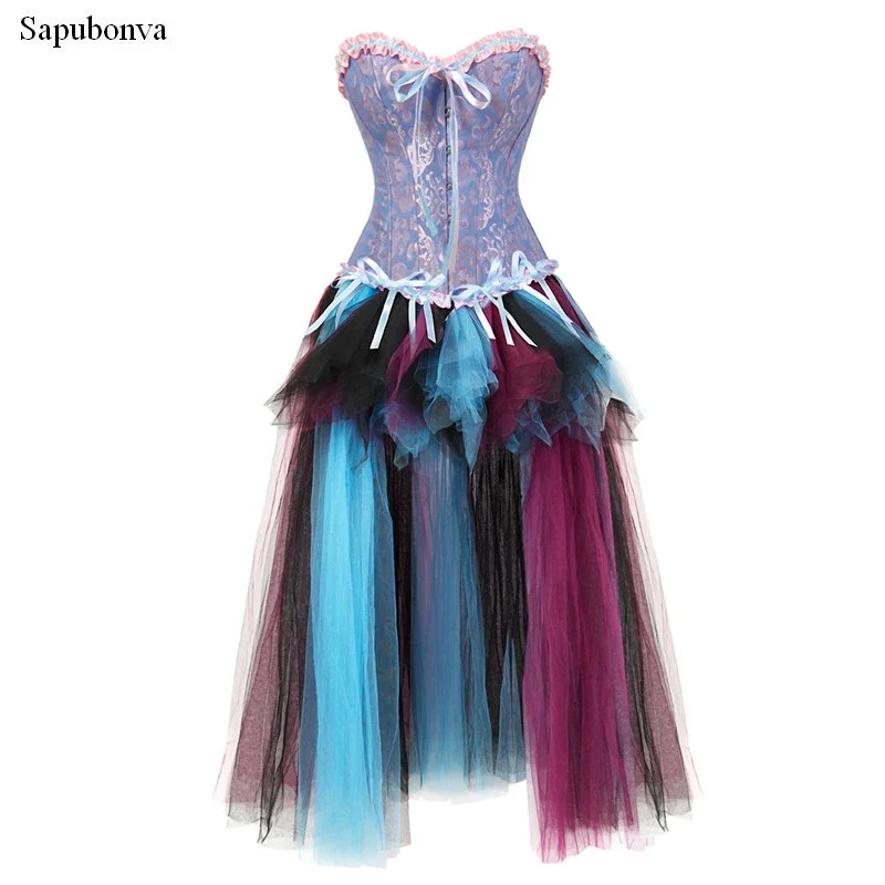 

Sapubonva corset dress costume victorian corset gowns corsets and bustiers long skirt set party plus size vintage style blue