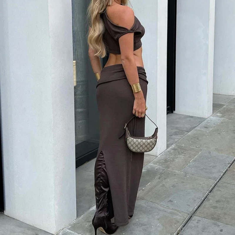 Ensemble jupe élégante pour femmes, haut court Sexy à col diagonale, jupes froncées avec cordon de serrage, nouvelle collection été 2025, Chic, vacances à la plage, deux pièces